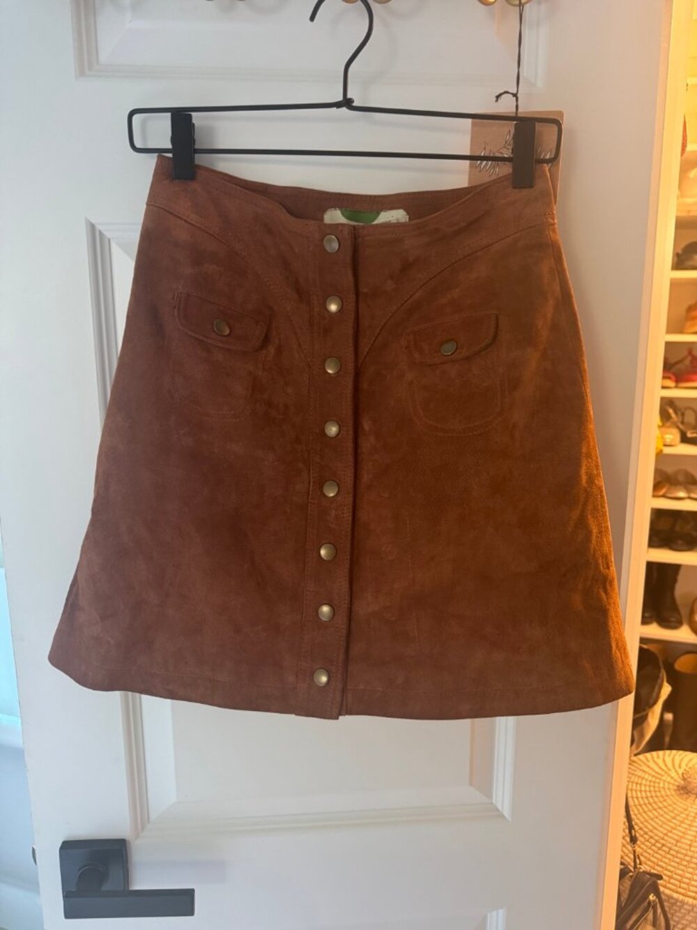 Anthropologie Brown Leather Button-Front Mini Skirt
